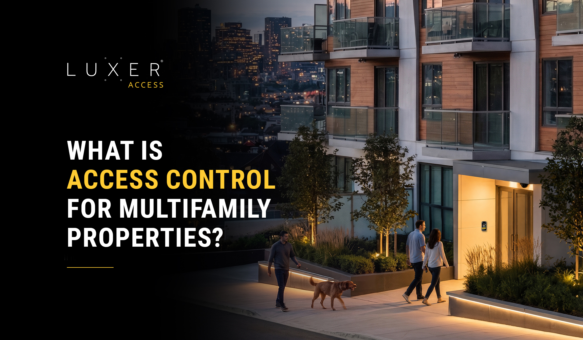Modern multifamily apartment building with residents approaching a secure access-controlled entrance.