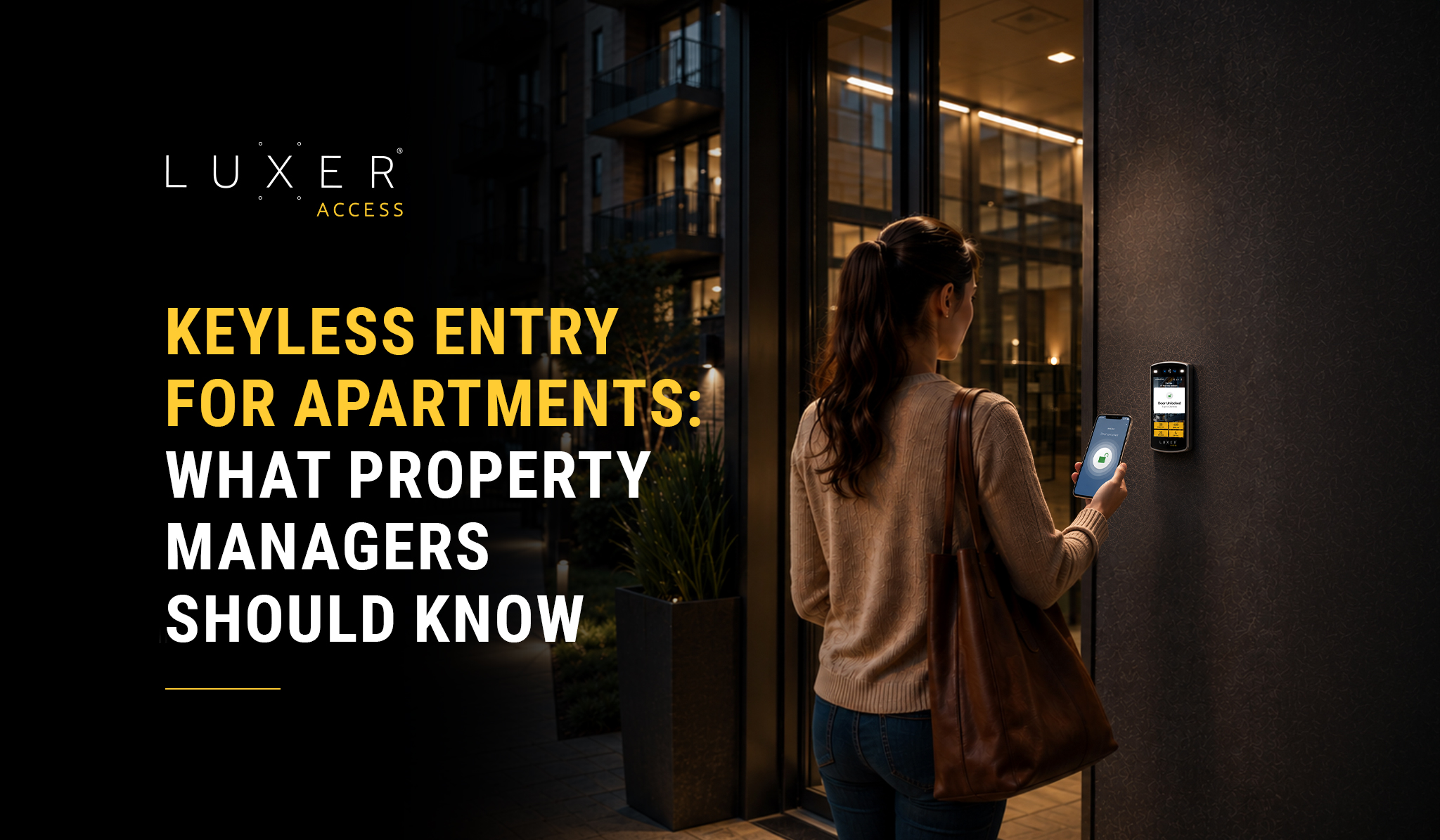 Resident using a mobile app for keyless entry at a multifamily apartment building.