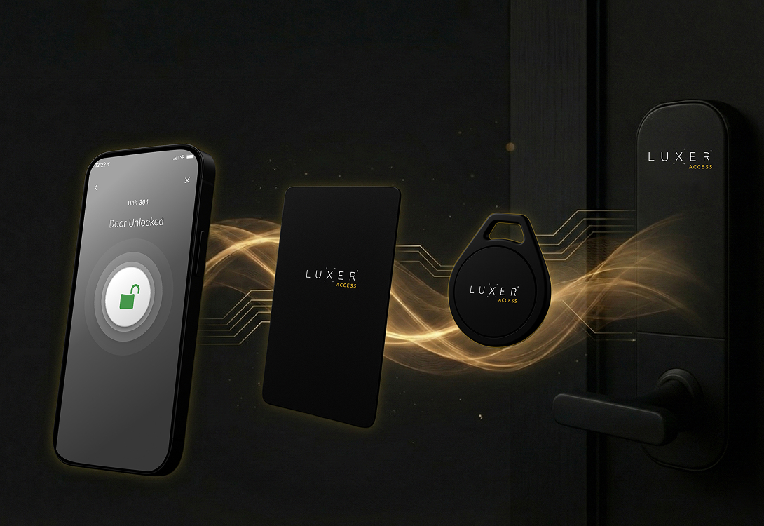 Luxer Access keyless entry options including mobile credentials, access cards, and key fobs for smart locks.