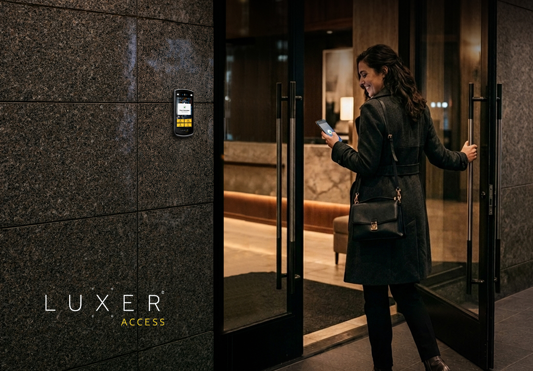 Resident using mobile keyless entry to access a multifamily apartment building.