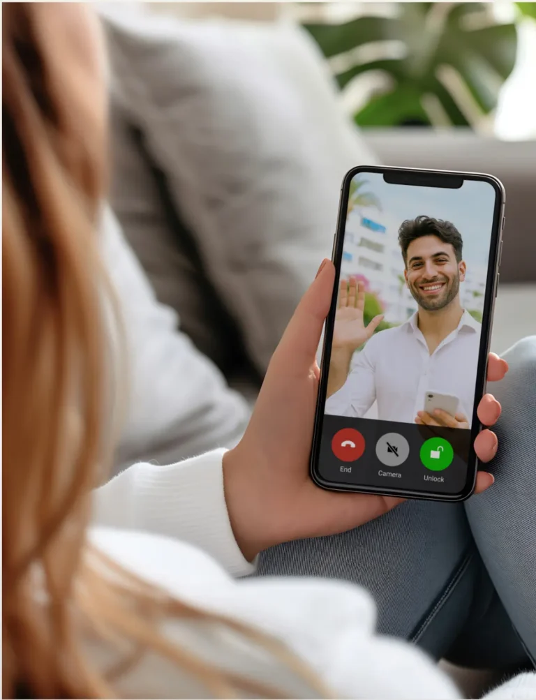 Resident using mobile app to admit visitor via video intercom